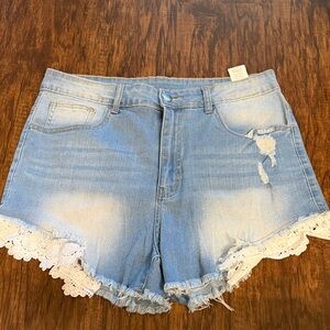 SHEIN Light Blue Jean Shorts with White Lace